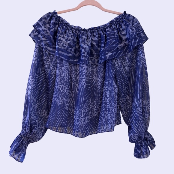 NWT Ramy Brook Alanna Off Shoulder Ruffle Blouse Blue Animal Print XXS - Picture 1 of 11
